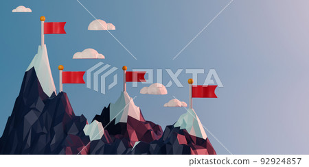 3d rendering concept life or business goal illustration. four red flags on top of snow mountain with copy space for text or message. 3d rendering concept life or business goal illustration. four red flags on top of snow mountain with copy space for text or message. 92924857