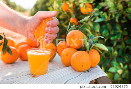 male hand squeezes juice from half orange into glass on table in garden 92924875