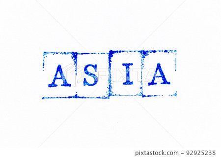 Blue color ink rubber stamp in word asia on white paper background Blue color ink rubber stamp in word asia on white paper background 92925238
