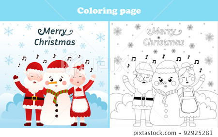 Santa Claus and Mrs Claus, snowman are singing carols coloring page for kids, printable worksheet for christmas Santa Claus and Mrs Claus, snowman are singing carols coloring page for kids, printable worksheet for christmas 92925281