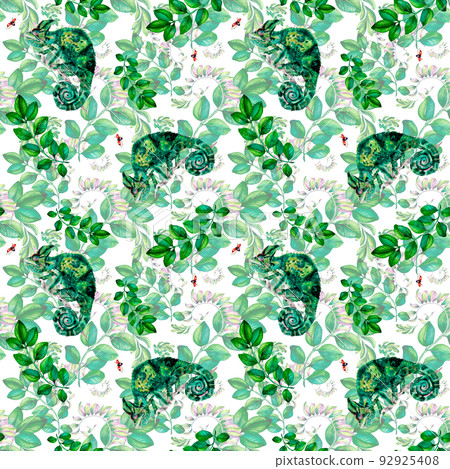 Chameleons with floral ornate pattern watercolor illustration Chameleons with floral ornate pattern watercolor illustration 92925408