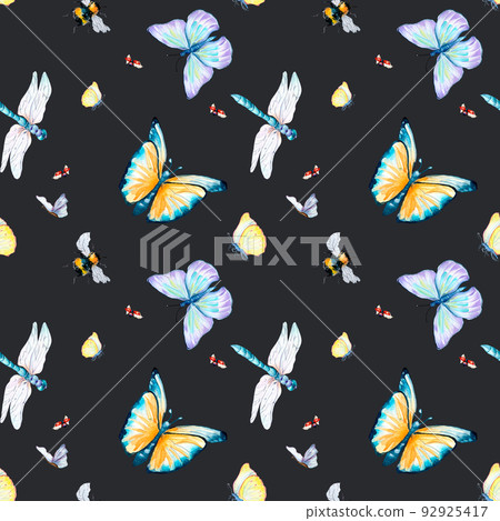 Grassland insects watercolor illustration seamless pattern on dark. Grassland insects watercolor illustration seamless pattern on dark. 92925417