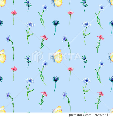 Meadow flowers with butterflies watercolor seamless pattern on light. Meadow flowers with butterflies watercolor seamless pattern on light. 92925418