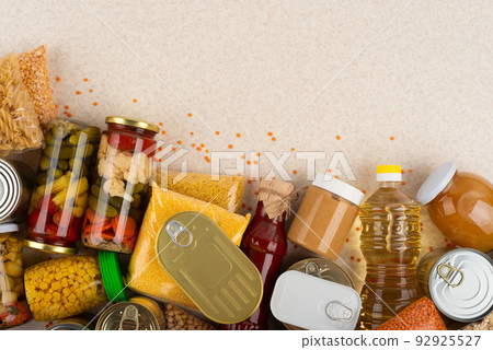 Emergency groceries food background with copyspace Emergency groceries food background with copyspace 92925527