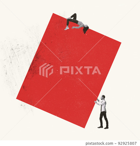 Contemporary art collage. Young office worker holding and pushing big block with lying woman on it. Team work and assistance Contemporary art collage. Young office worker holding and pushing big block with lying woman on it. Team work and assistance 92925807