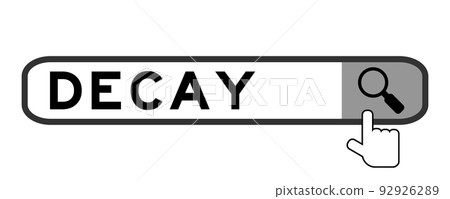 Search banner in word decay with hand over magnifier icon on white background Search banner in word decay with hand over magnifier icon on white background 92926289