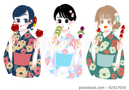 A group of three women who eat fruit candy at a summer festival A group of three women who eat fruit candy at a summer festival 92927030