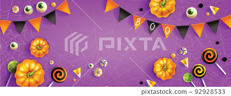 Halloween discount banner, funny candy lollipop garland, autumn holiday season background, spiderweb 92928533