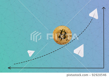 Growth of cryptocurrency. Golden bitcoin at background with growing chart and paper airlanes. Copy space. Concept of exchange, stock market and investment Growth of cryptocurrency. Golden bitcoin at background with growing chart and paper airlanes. Copy space. Concept of exchange, stock market and investment 92928546