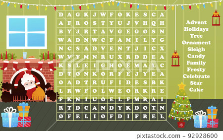 Christmas worksheet with word search game with santa claus comes out from chimney, printable riddle for kids 92928600