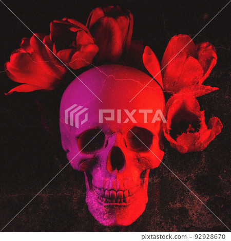 human skull with flowers with texture aging 92928670