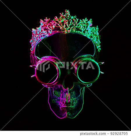 Human skull in crown and steampunk glasses with digital effects 92928705