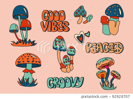 1970 stickers. Set of elements, cute funky hippy icons. Cartoon mushrooms, heart, good vibes, peace and groovy text. 1970 stickers. Set of elements, cute funky hippy icons. Cartoon mushrooms, heart, good vibes, peace and groovy text. 92928707