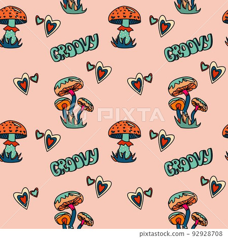 1970 trippy seamless psychedelic pattern with mushroom Groovy text, heart 1970 trippy seamless psychedelic pattern with mushroom Groovy text, heart 92928708