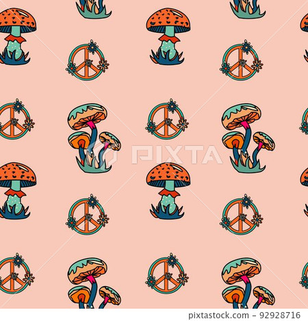 1970 trippy seamless psychedelic pattern with different mushrooms and peace sing. 1970 trippy seamless psychedelic pattern with different mushrooms and peace sing. 92928716