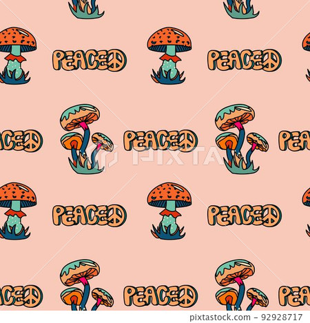1970 trippy seamless psychedelic pattern with different mushrooms and peace text. 1970 trippy seamless psychedelic pattern with different mushrooms and peace text. 92928717