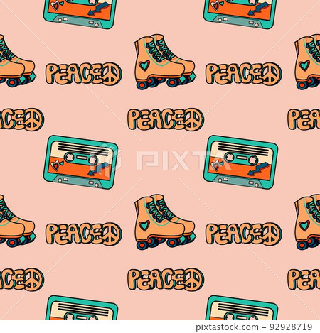 1970 groovy trippy seamless pattern with audio cassette, peace text and Roller Skates 1970 groovy trippy seamless pattern with audio cassette, peace text and Roller Skates 92928719