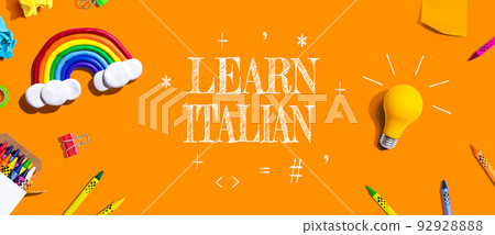 Learn Italian theme with school supplies - flat lay Learn Italian theme with school supplies - flat lay 92928888