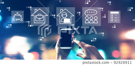 Remote Work theme with city lights at night Remote Work theme with city lights at night 92928911