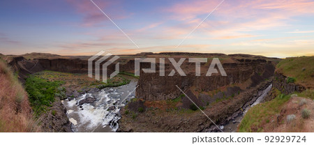 Panoramic View of Waterfall in the American Mountain Landscape. Sunset Sky Panoramic View of Waterfall in the American Mountain Landscape. Sunset Sky 92929724