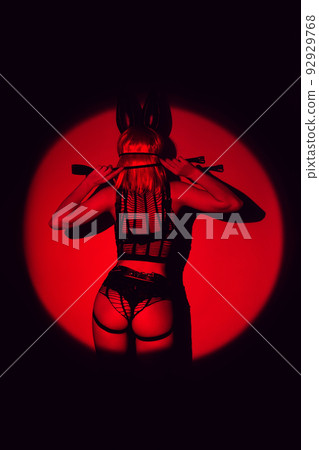 girl with a sexy ass in beautiful underwear and a hare mask holds a leather flogger whip in her hands for BDSM sex girl with a sexy ass in beautiful underwear and a hare mask holds a leather flogger whip in her hands for BDSM sex 92929768