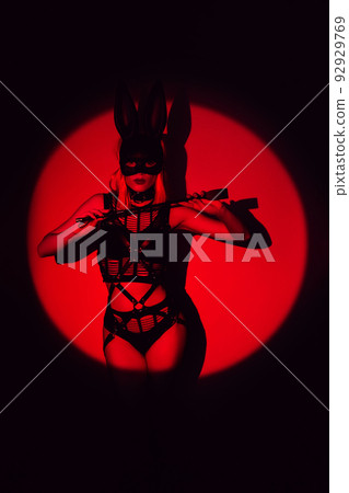 sexy woman in beautiful underwear and a hare mask holds a leather flogger whip in her hands for BDSM sex sexy woman in beautiful underwear and a hare mask holds a leather flogger whip in her hands for BDSM sex 92929769