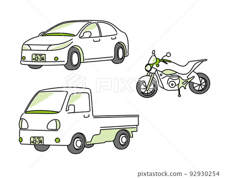 Illustration set of ordinary passenger car, medium-sized car, and motorcycle Illustration set of ordinary passenger car, medium-sized car, and motorcycle 92930254