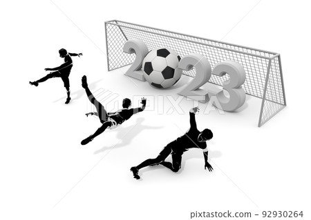 soccer player and ball. 2023 characters. Letters made in three dimensions. Gothic lettering. soccer player and ball. 2023 characters. Letters made in three dimensions. Gothic lettering. 92930264