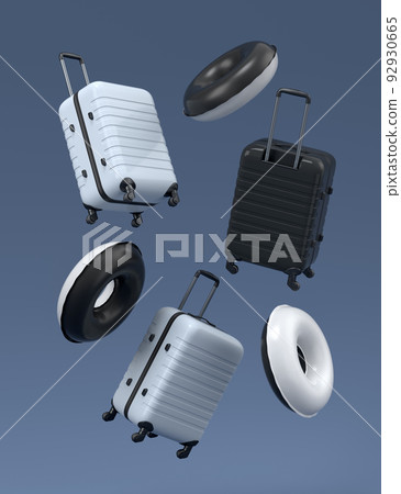 Colorful suitcase and inflatable ring flying on black and white background Colorful suitcase and inflatable ring flying on black and white background 92930665