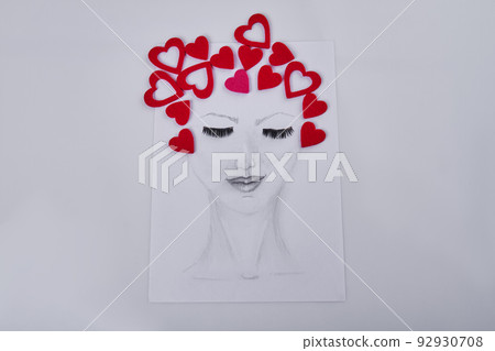 Hand drawn female face with hearts represent her hair. Portrait of woman with eyes closed. 92930708