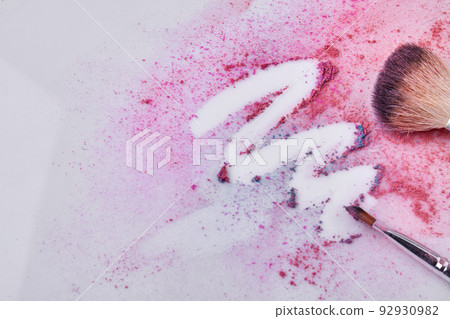 Pink face powder and makeup brush on white background. Close up make up brush. 92930982