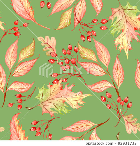 Watercolor seamless autumn pattern with watercolor colorful leaves. Fall watercolor background 92931732