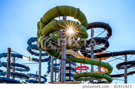 Colorful water slides in aqua park 92931925