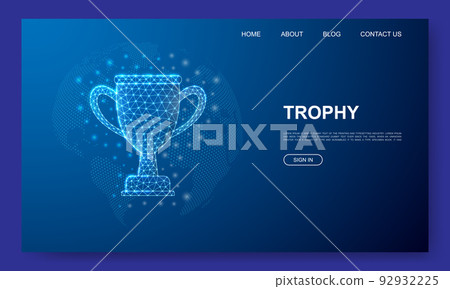 Trophy cup 3d low poly website template. Award design illustration concept. Polygonal Prize symbol for landing page, advertising page. 92932225