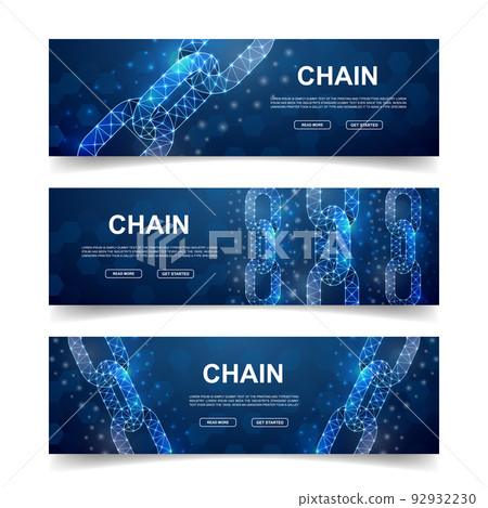 Set of three Chain horizontal banners. Horizontal illustration for homepage design, promo banner. Blockchain low poly symbols with connected dots Set of three Chain horizontal banners. Horizontal illustration for homepage design, promo banner. Blockchain low poly symbols with connected dots 92932230
