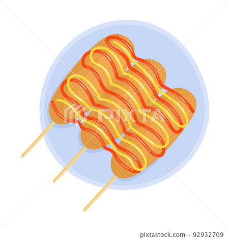 Traditional American fried corn dog dish with sausage and cheese. Vector illustration of food. Traditional American fried corn dog dish with sausage and cheese. Vector illustration of food. 92932709