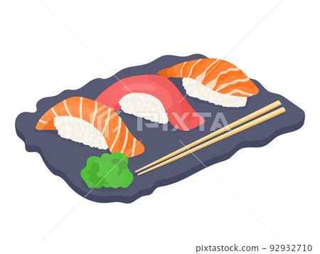 Traditional Japanese sushi with tuna, shrimp and trout. Vector illustration of food with wasabi and Chinese chopsticks. Traditional Japanese sushi with tuna, shrimp and trout. Vector illustration of food with wasabi and Chinese chopsticks. 92932710