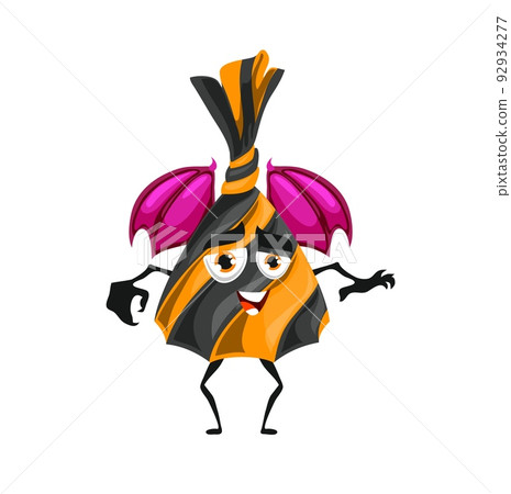 Halloween candy character with bat wings. Vector funny dessert, cartoon naughty truffle monster. Wrapped confectionery for kids trick or treat party. Isolated sweet patisserie personage, holiday snack Halloween candy character with bat wings. Vector funny dessert, cartoon naughty truffle monster. Wrapped confectionery for kids trick or treat party. Isolated sweet patisserie personage, holiday snack 92934277