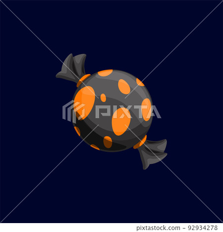 Birthday party or wedding treat, Halloween holiday chocolate candy in glossy paper wrapping isolated food dessert. Vector confectionery snack, gourmet cocoa dessert wrapped in orange and black foil Birthday party or wedding treat, Halloween holiday chocolate candy in glossy paper wrapping isolated food dessert. Vector confectionery snack, gourmet cocoa dessert wrapped in orange and black foil 92934278