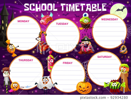 Timetable schedule, cartoon Halloween candy characters on cemetery. School classes or lessons planner, weekly study plan or time table with cute Halloween pumpkins, monster cakes and lollipops Timetable schedule, cartoon Halloween candy characters on cemetery. School classes or lessons planner, weekly study plan or time table with cute Halloween pumpkins, monster cakes and lollipops 92934280