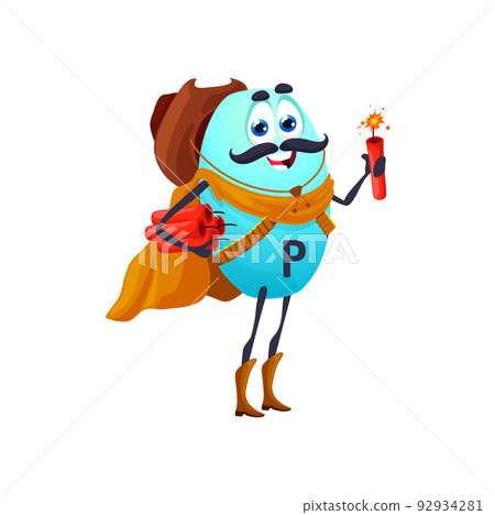 Cartoon vitamin P robber or bandit character with dynamite. Cowboy or ranger micronutrient, funny vector bioflavonoids element, wild west armed personage wear hat and cape. Texas fantasy western hero Cartoon vitamin P robber or bandit character with dynamite. Cowboy or ranger micronutrient, funny vector bioflavonoids element, wild west armed personage wear hat and cape. Texas fantasy western hero 92934281