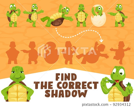 Find the correct silhouette of cartoon turtles. Cheerful tortoise animal characters on educational game vector worksheet. Children riddle, quiz or playing activity with funny turtles personages Find the correct silhouette of cartoon turtles. Cheerful tortoise animal characters on educational game vector worksheet. Children riddle, quiz or playing activity with funny turtles personages 92934312