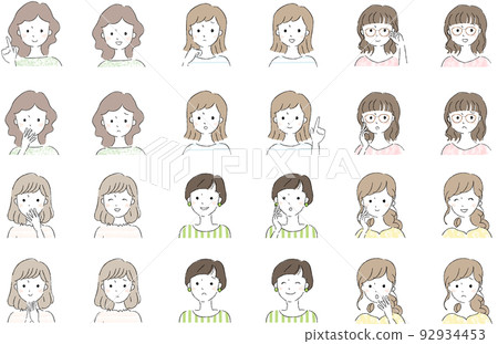 Young woman's face icon (smile, embarrassed face, surprised face) 92934453