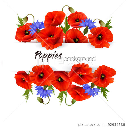 Natural greeting card with red poppies and blue cornflowers. Vector. 92934586