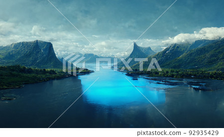 Painting style illustration fjord nature lake mountain 92935429
