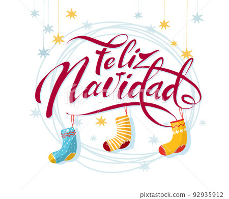 Feliz navidad, christmas wish, handwritten lettering with gift socks. Decorated lettering for card, congratulation, festive winter design, sticker isolated on white background. 92935912