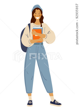 A girl with a backpack holds notebooks and textbooks in her hands. Flat cartoon female college student icon isolated on white background. Back to school, modern schoolgirl in jeans. 92935937