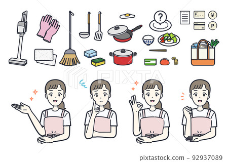 想像家庭主婦的女性和家務（清潔、烹飪、購物）的插圖素材集 92937089
