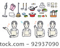 Illustration material set of women and housework (cleaning, cooking, shopping) imagining housewives 92937090