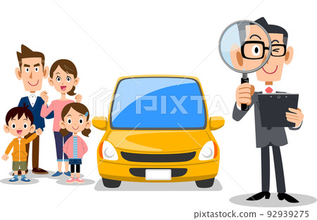 A man in a suit holding a document and looking into a magnifying glass, a car and a family 92939275